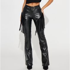 Leather Tassel Pants Too Tight Sz S Wide Leg Bottoms With Tassels, Edgy Bottoms With Fringe For Night Out, Wide Leg Pants With Fringe For Fall, Trendy Tasseled Bottoms For Party, Wide Leg Fringe Pants For Fall, Straight Leg Bottoms With Fringe For Fall, Trendy Party Bottoms With Tassels, Black Fringe Bottoms For Fall, Black Bottoms With Tassels For Night Out