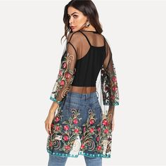 FREE SHIPPING Flower Embroidered Mesh Kimono Black Boho Longline Sexy Blouse Women Summer Beach Vacation Long Sleeve Plain Kimono JKP2152 Transparent Kimono, Plain Kimono, Edgy Teen Fashion, Mesh Kimono, Kimono Online, Flower Kimono, Plus Size Kimono, Womens Fashion Edgy, Boho Kimono