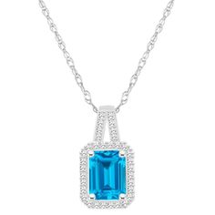 8x6mm emerald cut blue topaz 1/6 ctw diamond rhodium over sterling silver halo pendant with 18" rope chain. Measures approximately 0.67" L x 0.36" W. Spring ring clasp. Emerald Cut Diamond Birthstone Jewelry, Emerald Cut Topaz Jewelry With Diamond Cut, Sapphire Jewelry With Diamond Cut Topaz, Cubic Zirconia Jewelry With Halo Setting For May Birthstone, Blue Diamond Jewelry For May Birthstone, Fine Jewelry With Diamond Accents And Topaz, Fine Jewelry: Diamond Cut Topaz, Emerald Cut Sterling Silver Jewelry With Diamond Accents, Fine Jewelry Topaz With Diamond Cut