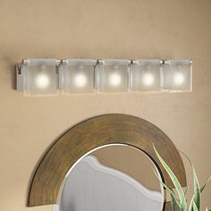 a bathroom vanity with three lights and a mirror on the wall next to a potted plant