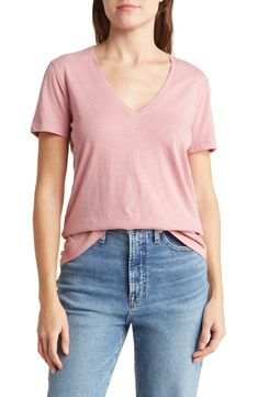 Madewell V-Neck Short Sleeve T-Shirt | Nordstromrack Soft-washed V-neck T-shirt Relaxed Fit, Everyday Cotton V-neck T-shirt, Cotton V-neck T-shirt For Everyday, Soft-washed Cotton V-neck Tops, Trendy Cotton V-neck T-shirt, Soft-washed V-neck T-shirt For Summer, Pink Cotton V-neck T-shirt, Soft Summer, Everyday Style