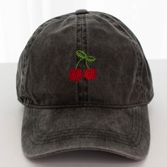 Top your look off with this amazing black hat! The cherry embroidery is so fun and the black color is neutral enough to pair with everything! Throw this on with some biker shorts and pullover for the perfect casual day look!
100% Cotton Comfortable Adjustable Black Hats, Black Baseball Cap For Summer, Black Baseball Cap For Outdoor Fall Activities, Black Casual Hats For Outdoor, Trendy Cotton Baseball Cap For Winter, Casual Black Hats For Outdoor, Casual Hats For Streetwear In Fall, Casual Black Summer Hat, Retro Black Hat For Fall