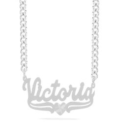 This Name Pendant with Diamond cut "Victoria" is available in either: Silver Plated Gold Plated Sterling Silver and 14K Gold over Sterling Silver. You can choose up to 10 characters (Letters only, NO numbers or special characters).Finished with diamond cuts on heart. Silver Name Chain Necklace For Anniversary, Silver Personalized Chain Necklace For Anniversary, Silver Chain Necklace With Name For Anniversary, Sterling Silver Nameplate Necklace With Adjustable Chain, Customizable White Heart Pendant Necklace, Silver Heart Nameplate Necklace, Silver Nameplate Heart Necklace, Silver Customized Nameplate Heart Necklace, Silver Nameplate Necklace With Adjustable Chain