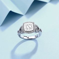 Women's Engraved Classic Monogram Ring New Necklace Designs, Personalized Silver Jewelry, Ring Initial, Bridesmaid Rings, Ring Square, Classic Monogram, Monogram Ring, Initial Ring, Sterling Jewelry