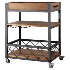 a metal and wood cart on wheels with two shelves in the middle, one shelf is open