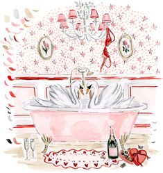 a watercolor drawing of a pink bathtub with swans in it and two wine bottles on the floor