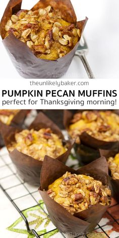 pumpkin pecan muffins with pecan streusel topping in paper cups