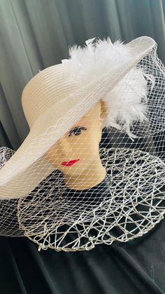 Handmade white Hat Feather French Birdcage Veil  If you special order please feel free to ask. Classic White Summer Top Hat, White Brimmed Formal Costume Hats And Headpieces, Classic White Fascinator, White Brimmed Formal Costume Hat, Classic White Top Hat For Kentucky Derby, Adjustable White High Crown Straw Hat, White High Crown Adjustable Mini Hat, White Adjustable Headpiece With Short Brim, Classic White Mini Hat With Wide Brim