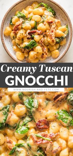 creamy tuscan gnocchi with spinach and sun dried tomatoes in a white bowl