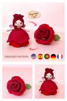 crocheted doll with red dress and green leaves on it's head sitting in front of a pink background