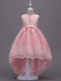 Lace Flower Girl Dresses Pink High Low Ball Gowns Sleeveless Bow Sash Princess Party Dresses Pink Sleeveless Lace Princess Dress, Sleeveless High Low Dress For Spring Wedding, Sleeveless Pink Lace Princess Dress, Sleeveless High Low Wedding Dress For Spring, Spring Wedding Sleeveless High Low Dress, Sleeveless Lace Dresses For Dress-up, Sleeveless Lace Dress For Dress-up Occasions, Spring Princess Dress With Sleeveless Lace, Sleeveless Lace Princess Dress For Spring