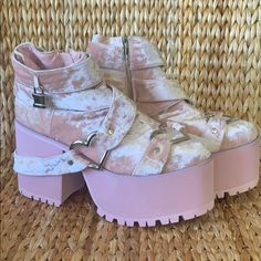 These Are The Cherish Pink Platforms Boots By Yru. These Have Been Worn A Couple Times. Only Wear Shoes In Soles. Wrap Around Straps With Silver Hardware Hearts At The Toe And On The Side Of The Foot. Little Silver Locks At The Ankle. Inside Zip. Crushed Velvet In Pink Makes These A Perfect Kawaii Bootie In My Opinion! A Super Hard To Find Piece!!! Pink Platform Boots, Platforms Boots, Yru Shoes, Pink Platforms, Platform Ankle Boots, Pink Velvet, Crushed Velvet, Platform Boots, Silver Hardware