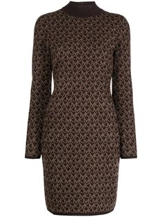 brown monogram pattern roll neck long sleeves straight hem Michael Kors Aesthetic, Michael Kors Clothes, 2023 Aesthetic, Michael Kors Dress, Mock Neck Dress, Monogram Pattern, Brown Outfit, Ribbed Midi Dress, White Dresses For Women