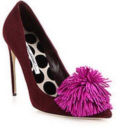 Brian Atwood suede pom pom pump Burgundy Pumps, Multi Colored Heels, Purple Pumps, Gucci Heels, Pointy Toe Shoes, Closed Toe Shoes, Leather Slip On Shoes