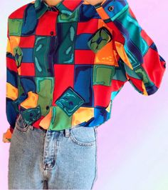 Retro Color Block Checker Blouse Shirt Affordable Multicolor Retro Print T-shirt, Multicolor Geometric Long Sleeve Shirt, Colorful Patterned Shirt For Fall, Multicolor Print Cotton Shirt For Fall, Multicolor Retro Print Button-up Top, Multicolor Collared Shirt With Vibrant Print, Plaid Patchwork Long Sleeve Blouse, Long Sleeve Plaid Patchwork Blouse, Retro Colorful Patterned Tops For Fall