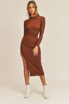 Just throw on the Pauline Cognac Brown Ribbed Bodycon Midi Dress and you're good to go! Stretchy ribbed knit shapes a sexy midi dress that has long sleeves, a high neckline, and a figure-hugging silhouette that ends at a midi hem with a sexy extra-high side slit. DETAILS & CARE .80%Viscose/20%Nylon. Machine wash cold. Imported. Ribbed Bodycon Midi Dress, Sweater Midi Dress, Brown Midi Dress, Dress Date Night, Staple Dress, Midi Sweater Dress, Bodycon Sweater, Bodycon Sweater Dress, Boho Pink