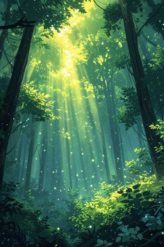 the sun shines through the trees and leaves in this forest scene with green foliage