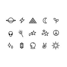 various symbols are shown in black and white, including the sun, moon, stars, and other things