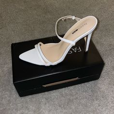 Brand New In Box White Heeled Sandals. Originally From Fashion Nova: Https://Www.Fashionnova.Com/Products/Hanna-Heeled-Sandals-White White Pointed Toe Sandals For Night Out, Trendy White Sandals For Night Out, White Heeled Sandals, Nude Heeled Sandals, Fashion Nova Shoes, White Sandals Heels, Juicy Couture Charms, Strappy Stilettos, Black Stilettos