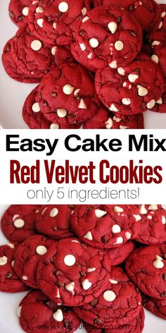 red velvet cookies with white chocolate chips on top and the words easy cake mix in front