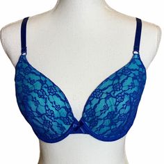 Size 34dd Demi Teal With Blue Lace Lightly Padded Elegant Blue Bra For Spring, Elegant Blue Spring Bra, Elegant Fitted Blue Bra, Elegant Stretch Blue Bra, Elegant Blue Stretch Bra, Elegant Blue Summer Bra, Blue Fitted Bra Partially Lined, Blue Fitted Partially Lined Bra, Fitted Partially Lined Blue Bra