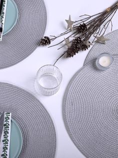 the place setting is laid out with pine cones