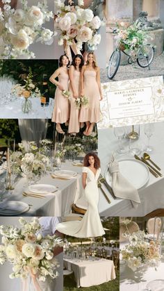 a collage of photos with flowers and bridesmaids