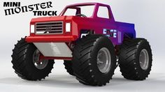 a red monster truck with big tires on it's front wheels and the words monster trucks