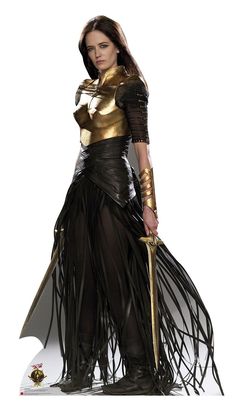 a woman dressed in black and gold is holding a broom while standing on a white background