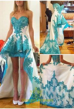 Strapless Sweetheart Lace Embellished High Low Prom Dress With Train Prom Dress High Low, Dress High Low, Cheap Party Dresses, High Low Prom Dresses, Cheap Evening Dresses, White Prom Dress, Short Prom Dress, فستان سهرة, High Quality Dress