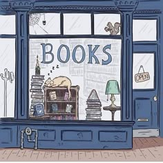 an image of a store front with books on it's window sill in the rain