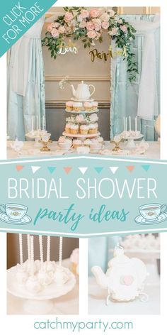 the bridal shower party is set up with cupcakes, cakes and teapots