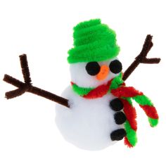 a snowman with a green hat and scarf on it's head is shown