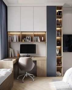 a bedroom with a bed, desk and bookshelf next to a window on the wall