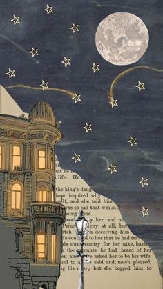 an illustration of a building with stars in the sky and a full moon above it