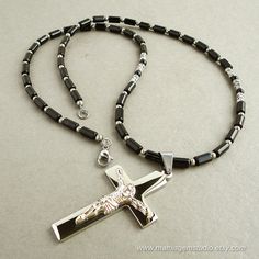 Mens Cross Necklace Stainless Steel Crucifix by mamisgemstudio, $56.95 Crucifix Jewelry With Black Beads As Gift, Black Beaded Crucifix Jewelry, Black Crucifix Jewelry For Jewelry Making, Spiritual Onyx Cross Jewelry, Onyx Cross Jewelry Gift, Onyx Cross Jewelry As A Gift, Mens Cross Necklace, Mens Crosses, Onyx Bead