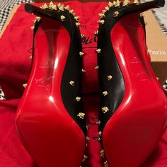 Authentic New Black W/ Gold Studs. Size 37. Comes With Box, Shoe Covers And Bag. I Also Have Reciept. Red Bottom Pumps, White Pump, Black Block Heel Sandals, Christian Louboutin Iriza, Red Bottom Heels, Christian Louboutin So Kate, Red Louboutin, Glitter Heels, Christian Louboutin Women