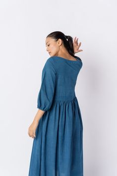 Effortless elegance in this indigo midi dress with waist gathers, a relaxed fit, and a gentle scoop neckline. Crafted from soft textured cotton, it offers year-round comfort and versatility for your everyday style. Indigo Color, Indigo Colour, Quarter Sleeve, Scoop Neckline, Midi Length, Color Pop, High Neck Dress, Spring Summer, Midi Dress