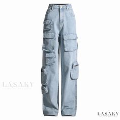 Lasaky - Urban Chic: Versatile Multi-Pocket High Waist Wide Leg Cargo Jeans Celana Fashion, Street Jeans, Overalls Pants, Jeans Cargo, Denim Patterns, Pants With Pockets, Vintage Casual, Type Of Pants, Cargo Jeans