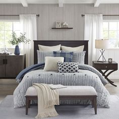 Oversized 100% Cotton Clipped Jacquard Comforter Set with Euro Shams and Throw Pillows - Blue Hues - Quahog Bay Bedding Linen Comforter, Cotton Comforter Set, King Comforter Sets, Cotton Comforters, Queen Comforter Sets, Madison Park, Euro Shams, Bedding Stores, Blue Throw Pillows