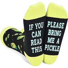 PICKLE SOCKSPickle socks women, pickle socks mens. The top of the socks features pickles, and the bottom of the socks features a funny secret message written in non-slip ink: “IF YOU CAN READ THIS, PLEASE BRING ME A PICKLE”. These pickle gifts will make your friends giggle.SIZE & PACKINGDill pickle socks. Fits most men US size 6-13 feet and most women US size 7 and up. 1 pair of pickleball socks comes in each plastic zippered Zmart bag.QUALITY MATERIALDill pickle socks. These mens silly sock Funny Letter Print Socks As Gift, Funny Letter Print Socks Gift, Fun Black Socks As Gift, Cute Green Socks For Gifts, Comfortable Non-slip Socks For Gift, Comfortable Non-slip Socks As Gift, Cute Black Socks For Gifts, Funny Socks For Men, Nurse Socks