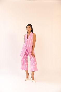 Featuring a baby pink ikat sleeveless jacket , paired with matching pants in cotton base. Color: BABY PINK FABRIC: IKAT COTTON Delivery time 15 to 20 days Casual Pink Cotton Pant Set, Pink Cotton Sets Suitable For Work, Pink Sleeveless Loungewear Sets, Pink Sleeveless Cotton Sets, Fitted Sleeveless Cotton Pant Set, Pink Sleeveless Matching Set, Sleeveless Cotton Workwear Sets, Pink Pant Set For Spring Loungewear, Pink Sleeveless Pant Set