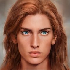 a woman with long red hair and blue eyes is shown in this digital painting image