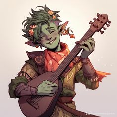 a cartoon character with green hair holding a guitar