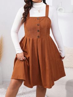 Plus Button Front Overall Dress Without Tee Brown Casual  Sleeveless Fabric Plain Pinafore Non-Stretch  Women Plus Clothing, size features are:Bust: ,Length: ,Sleeve Length: Brown Sleeveless Dress With Buttons, Brown Sleeveless Dress With Button Closure, Solid Sleeveless Dress With Buttons, Dungarees Outfits, Suspenders For Women, Skirt With Buttons, Suspender Dress, Plus Size Kleidung, Pinafore Dress