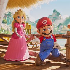 mario, princess peach and luigi are standing next to each other in front of a tiki hut