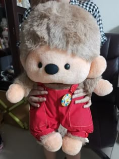 a person holding a large stuffed animal in their arms and wearing red overalls with a checkered shirt on