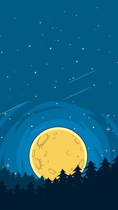 the full moon is shining brightly in the night sky above some trees and hills with stars