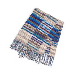 a multicolored knitted scarf with fringes