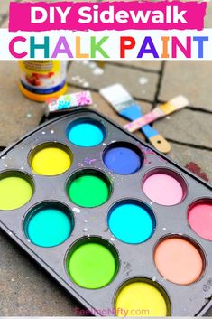 a paint palette with the words diy side walk chalk paint on it